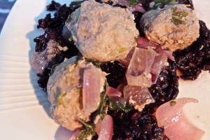 Turkey meatballs--note the nontraditional red onion and black (actually purple) rice photo by REG