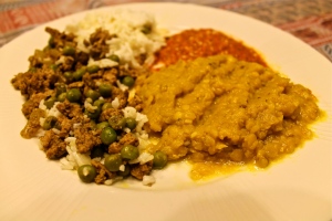 Turkey and peas with other treats from Jaffrey's Quick & Easy book (red pepper & almond relish and a pretty simple dal)