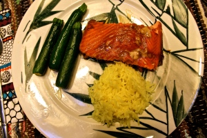 Penultimate supper of 2nd easiest salmon and coconut rice (and also cute baby zukes) photo by REG